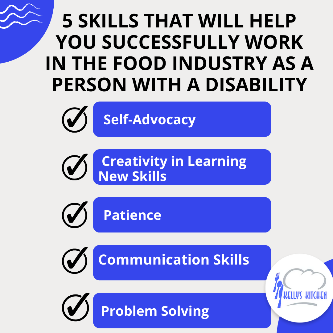Dark blue color scheme. Kellys Kitchen logo at the bottom right. Text says: 5 Skills that will help you successfully work in the food industry as a person with a disability. Self Advocacy. Creativity in learning new skills. Patience. Communication skills. Problem solving.