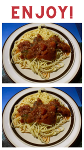 Two photos of plates of spaghetti with homemade tomato gravy. The word "ENJOY!" is at the top of the image.
