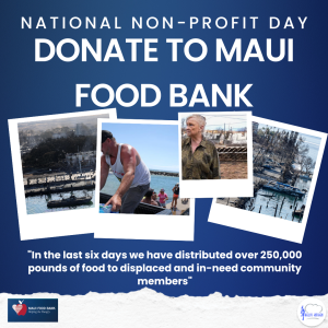 Image Description: dark blue background. Text at the top of the image says “National Non-Profit Day. Donate to Maui Food Bank. Four polaroid pictures are below. Two of the photos show the devastation from the fires and two photos show individuals standing in burned communities or helping to hand out resources like water bottles. Text below says, “In the last six days we have distributed over 250,000 pounds of food to displaced and in-need community members.”. Maui Food Bank logo and Kelly’s Kitchen logo are at the bottom.