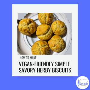Image Description: purple background with Kelly's Kitchen logo in the bottom right corner. A polaroid photo outline in white is in the middle of the page with a photo of biscuits. Text says "Learn How to Cook Vegan-Friendly Simple Savory Herby Biscuits".